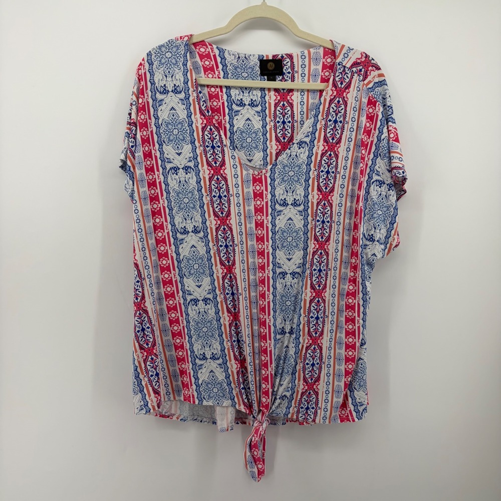 JM Collection Womens XL Blue Red Printed Top Front Tie V-Neck Short Sleeve‎